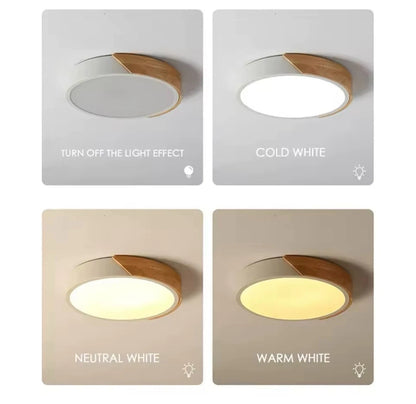 Simple Slim Round Modern Flush Led Ceiling Light With Wood Effect Trim - Pink/Yellow\Green\White\Black