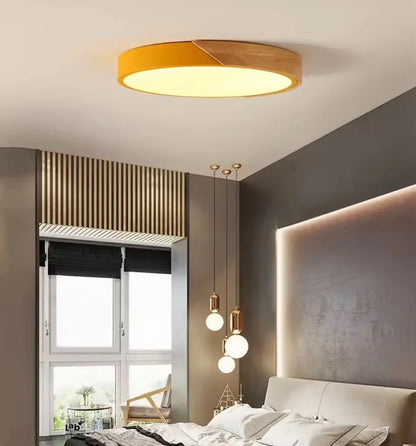 Simple Slim Round Modern Flush Led Ceiling Light With Wood Effect Trim - Pink/Yellow\Green\White\Black