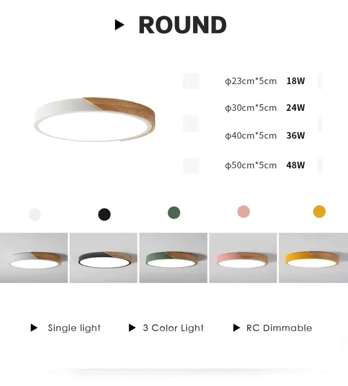 Simple Slim Round Modern Flush Led Ceiling Light With Wood Effect Trim - Pink/Yellow\Green\White\Black