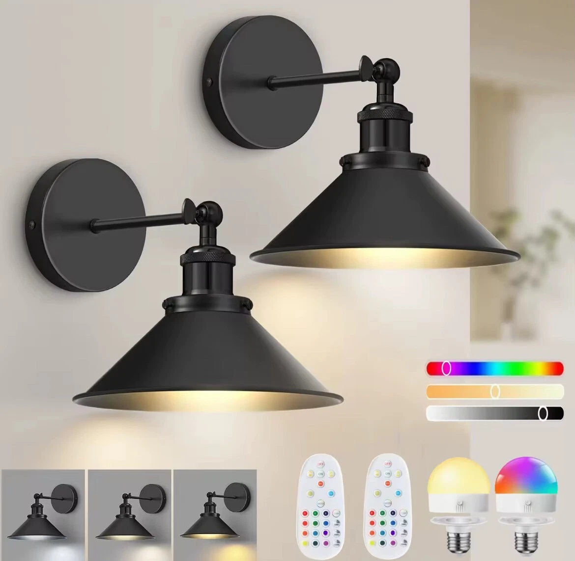 2 Pack Industrial Wireless Rechargeable Led Battery Wall Lights With Remote - Black Or Gold