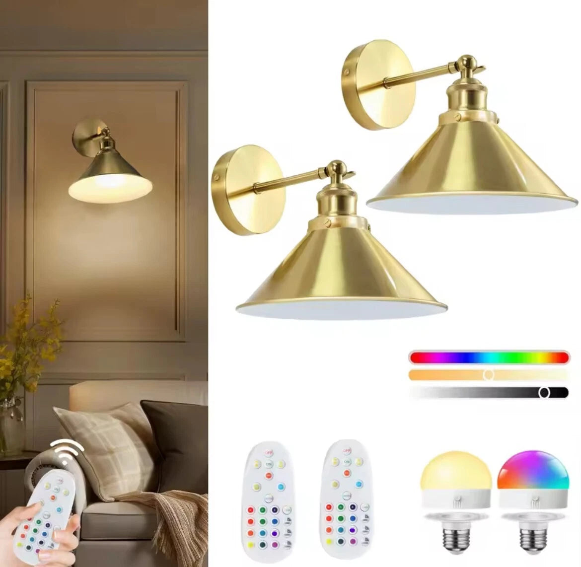 2 Pack Industrial Wireless Rechargeable Led Battery Wall Lights With Remote - Black Or Gold