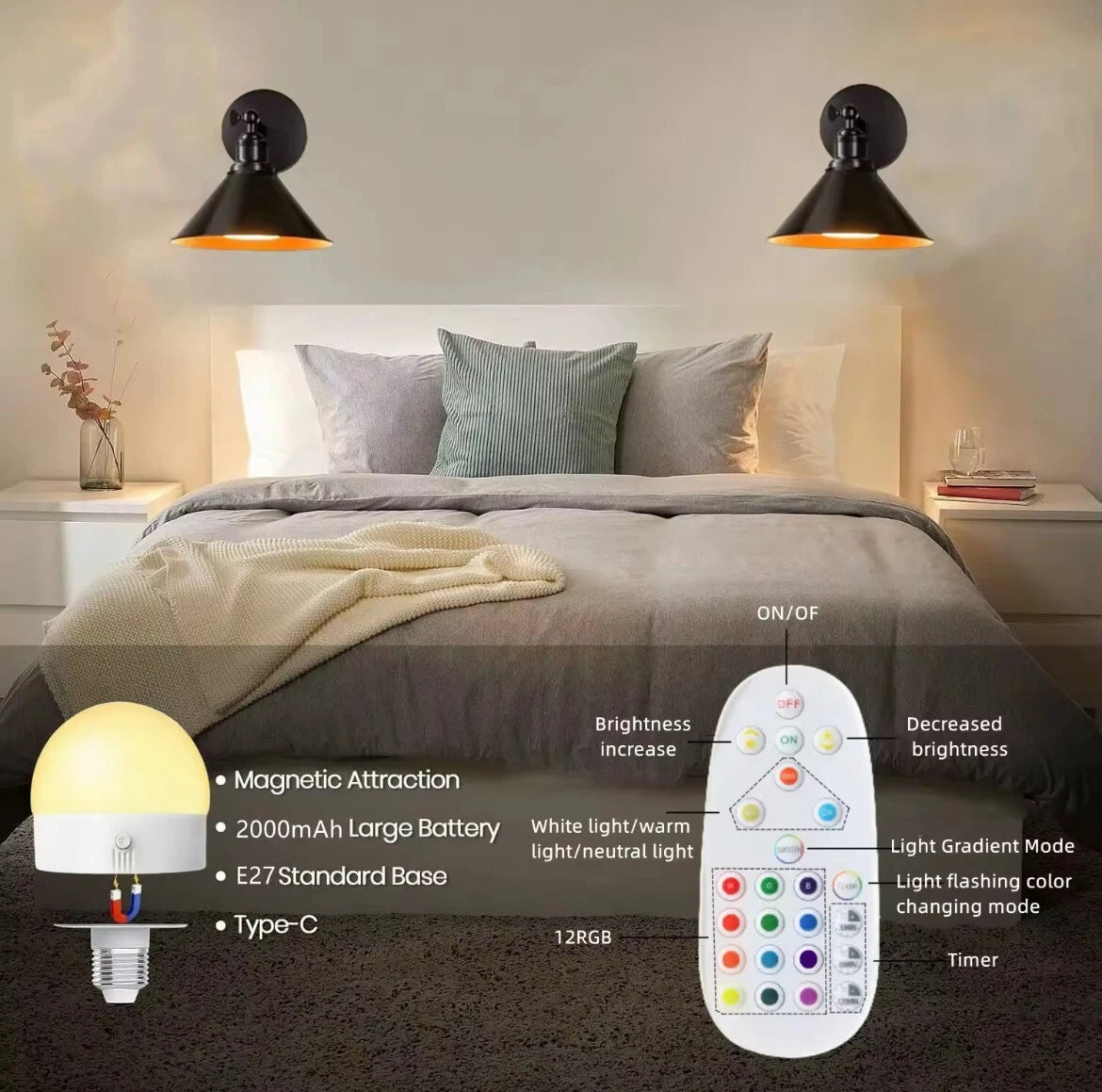 2 Pack Industrial Wireless Rechargeable Led Battery Wall Lights With Remote - Black Or Gold
