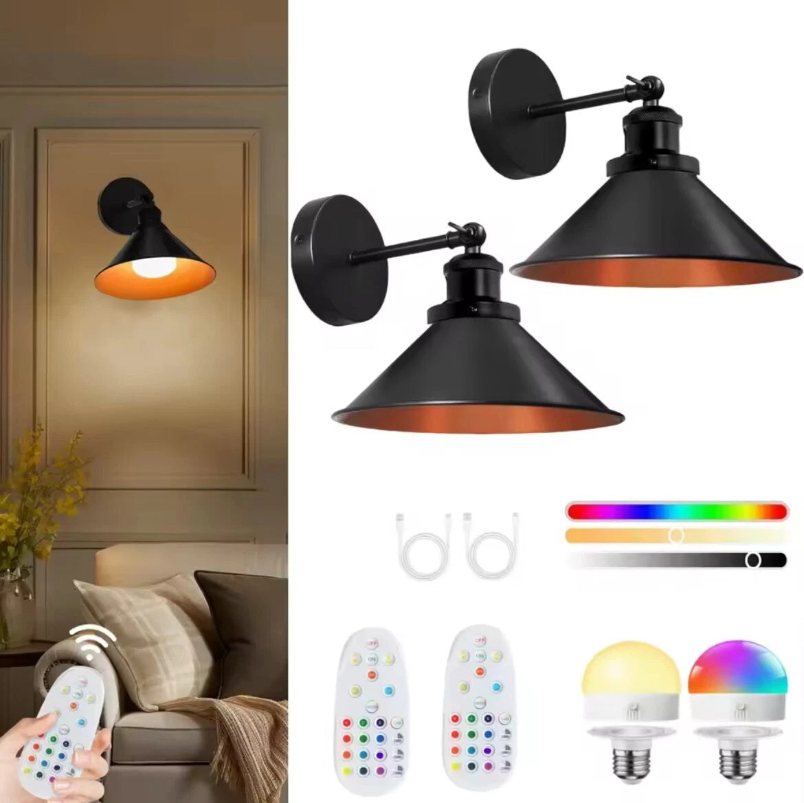 2 Pack Industrial Wireless Rechargeable Led Battery Wall Lights With Remote - Black Or Gold