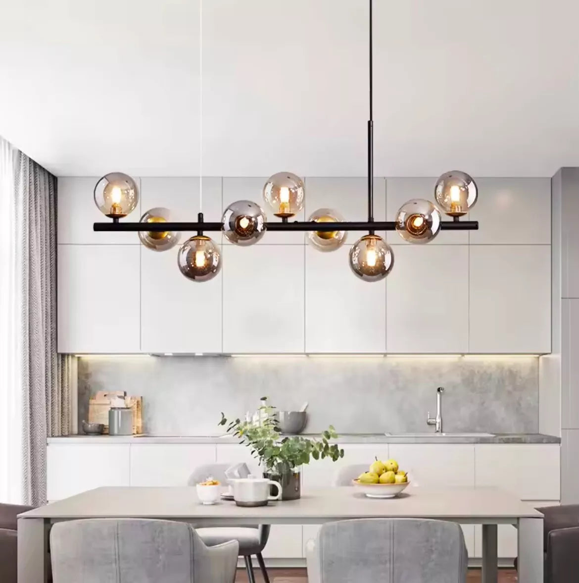 Modern 9 Light Black Linear Bar Pendant With Smoke Glass Globes