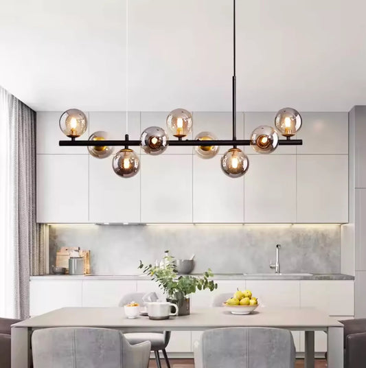 Modern 9 Light Black Linear Bar Pendant With Smoke Glass Globes
