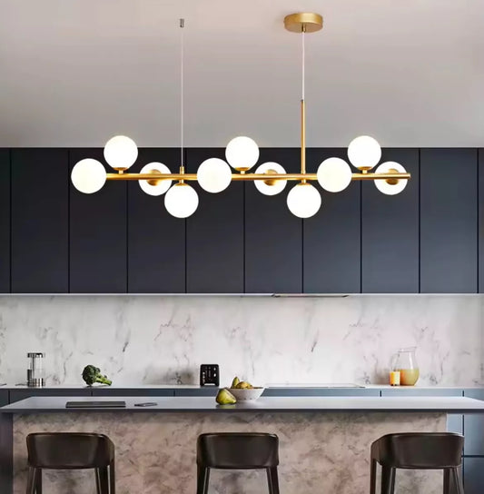 Modern 11 Light Gold Linear Bar Pendant With Opal Glass Globes