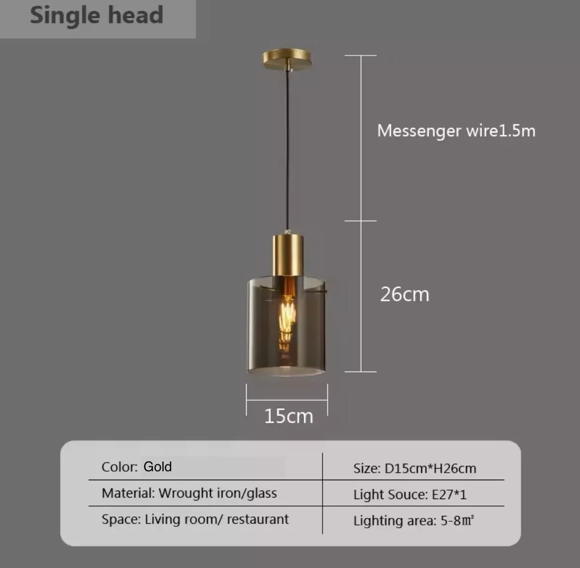 Modern Led Glass Single Pendant Light In Gold Complete With Smoked Glass Shade - 1 Piece