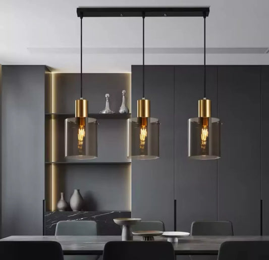 Modern Glass 3 Light Bar Pendant Light In Gold With Smoked Glass Shades For Kitchen Island