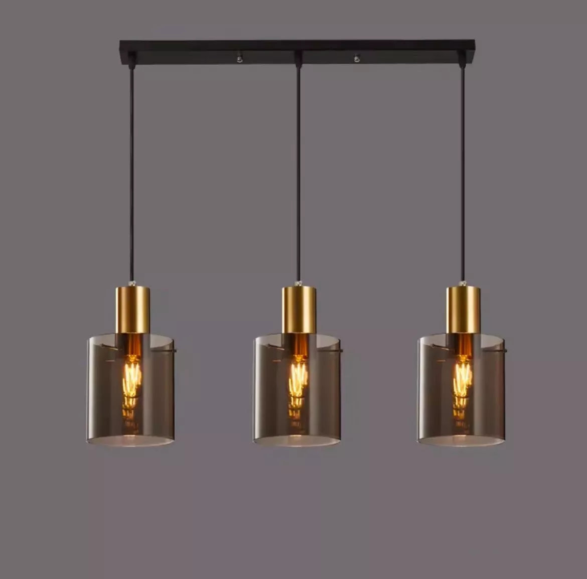 Modern Glass 3 Light Bar Pendant Light In Gold With Smoked Glass Shades For Kitchen Island