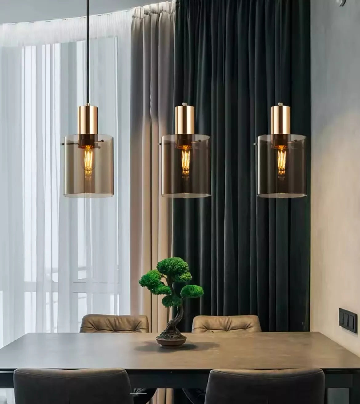 Modern Glass 3 Light Bar Pendant Light In Gold With Smoked Glass Shades For Kitchen Island