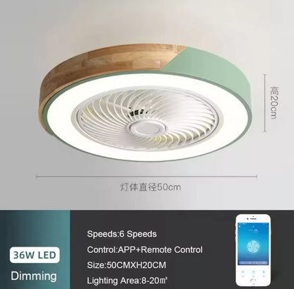 Modern Flush LED Ceiling Fan Light With App Remote - Wood And Green/ Black And Wood/ White And Wood/ Pink And Wood/ Green And Wood