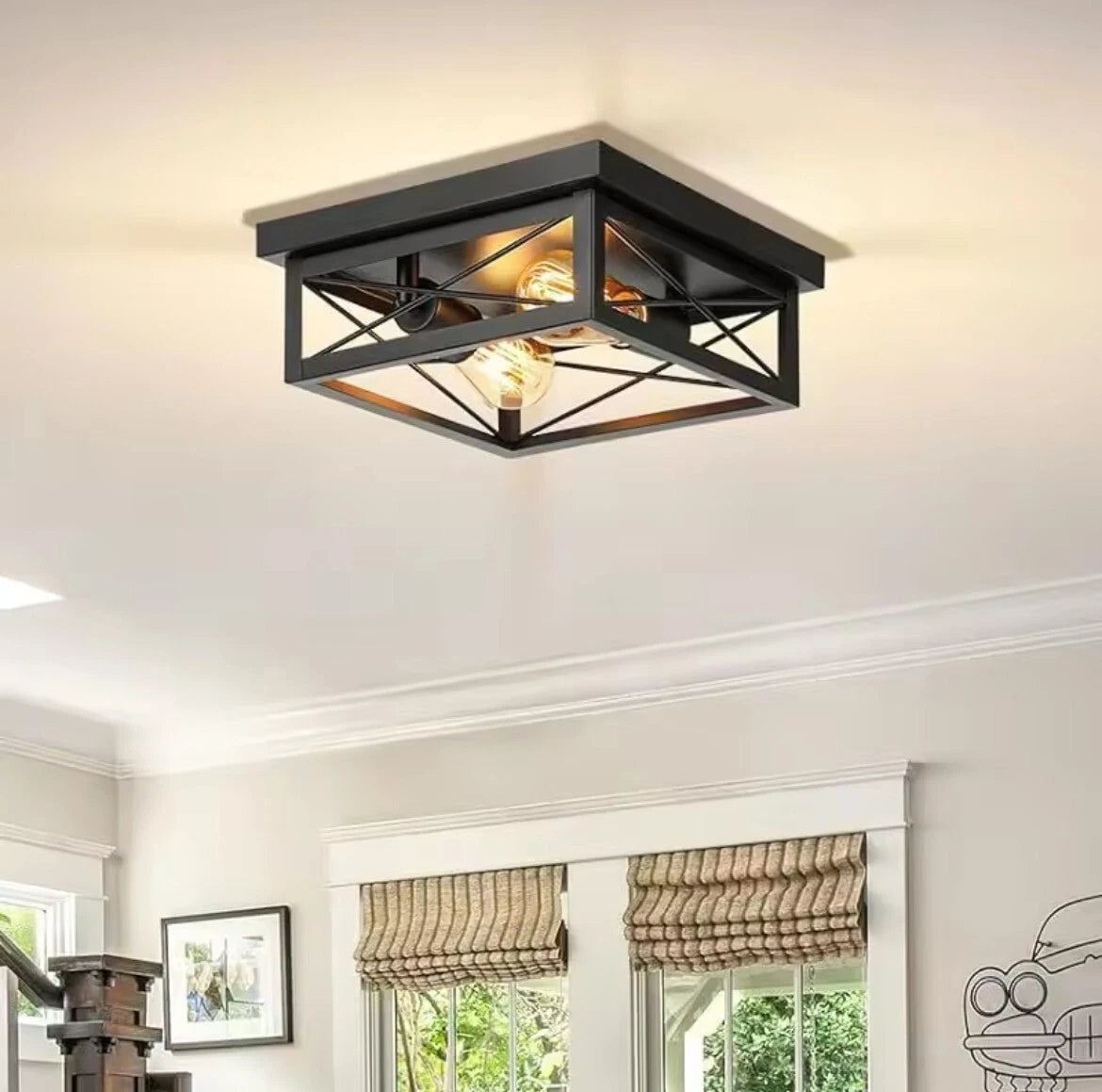 Retro Industrial Black Square Flush Ceiling Light