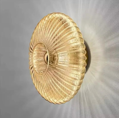 Decorative Ribbed Glass Round Wall Sconce Light