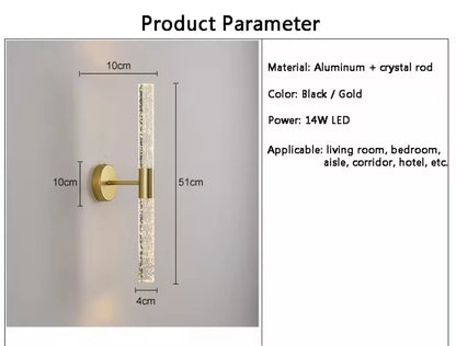 Modern Nordic Long Led Wall Light With Crystal Rod And Bubbles - Black Or Gold