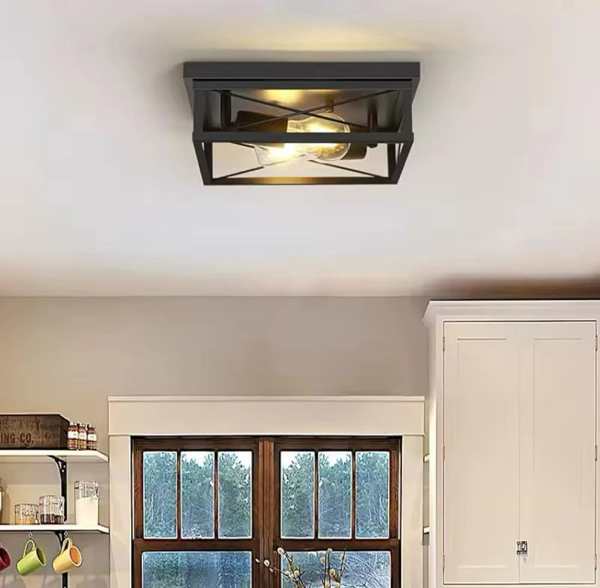 Retro Industrial Black Square Flush Ceiling Light