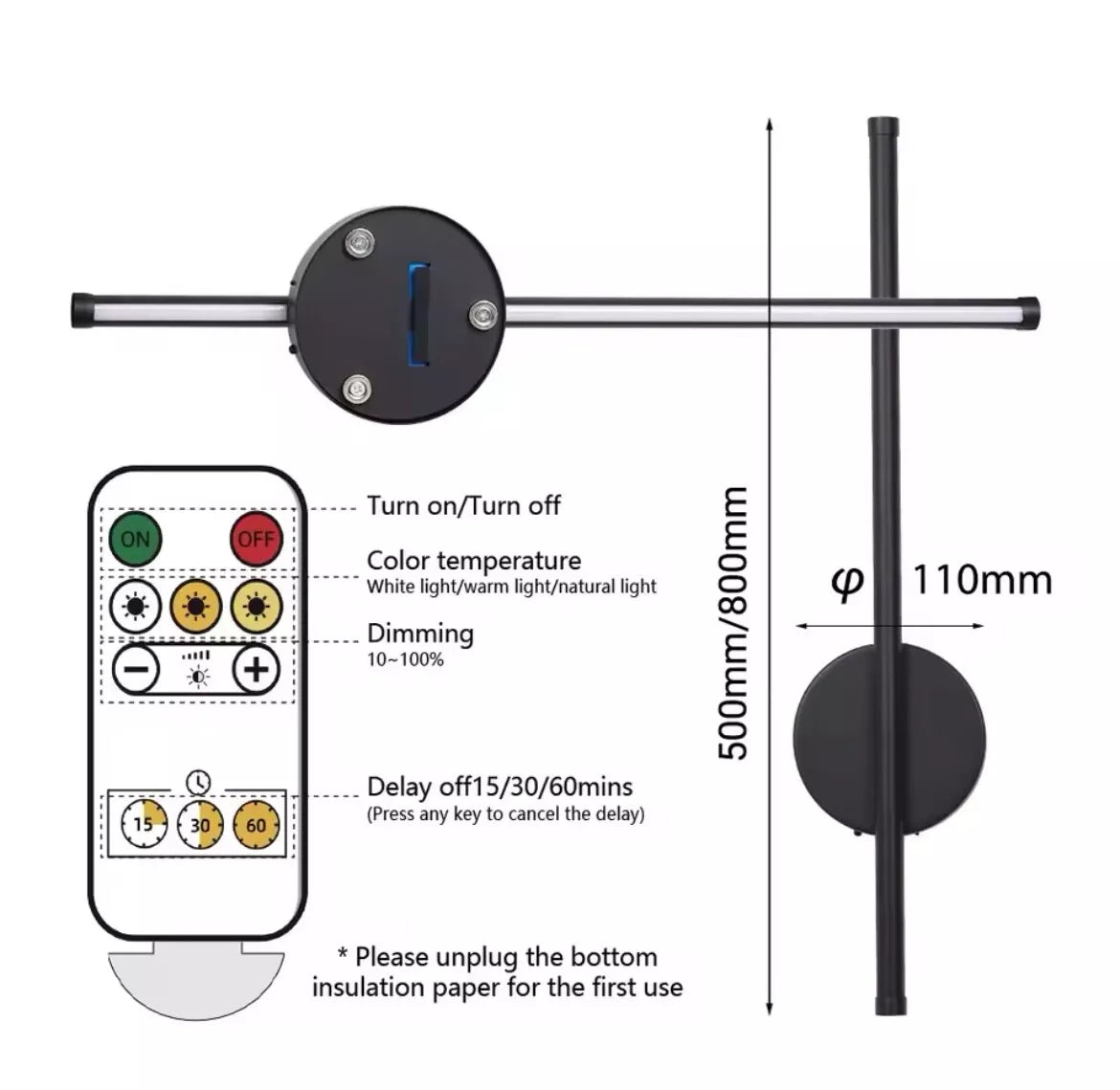 Wireless Rechargeable LED Slim Linear Wall Light With Remote Control 50cm - Black/Gold/White/Silver