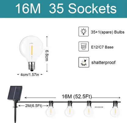 Outdoor Solar LED String Festoon Lights Complete With Remote Control - 10Bulb/20Bulb/25Bulb/35Bulb