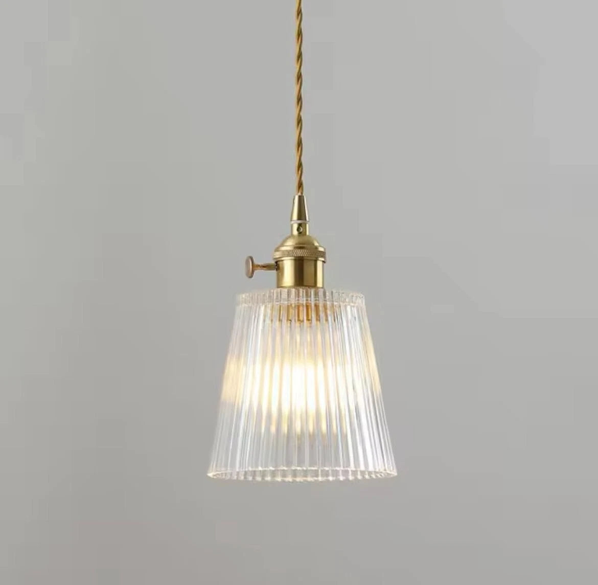 Nordic Hanging Gold Single Pendant Light With Retro Clear Ribbed Glass Shade