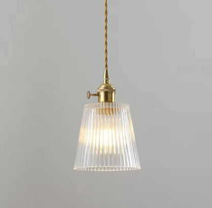 Nordic Hanging Gold Single Pendant Light With Retro Clear Ribbed Glass Shade