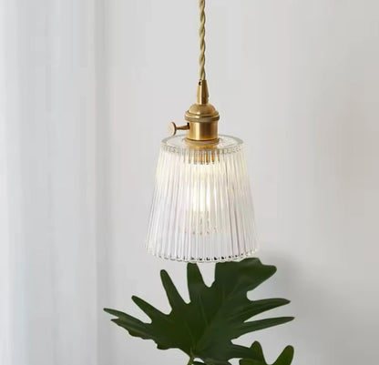 Nordic Hanging Gold Single Pendant Light With Retro Clear Ribbed Glass Shade