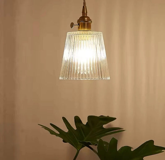 Nordic Hanging Gold Single Pendant Light With Retro Clear Ribbed Glass Shade