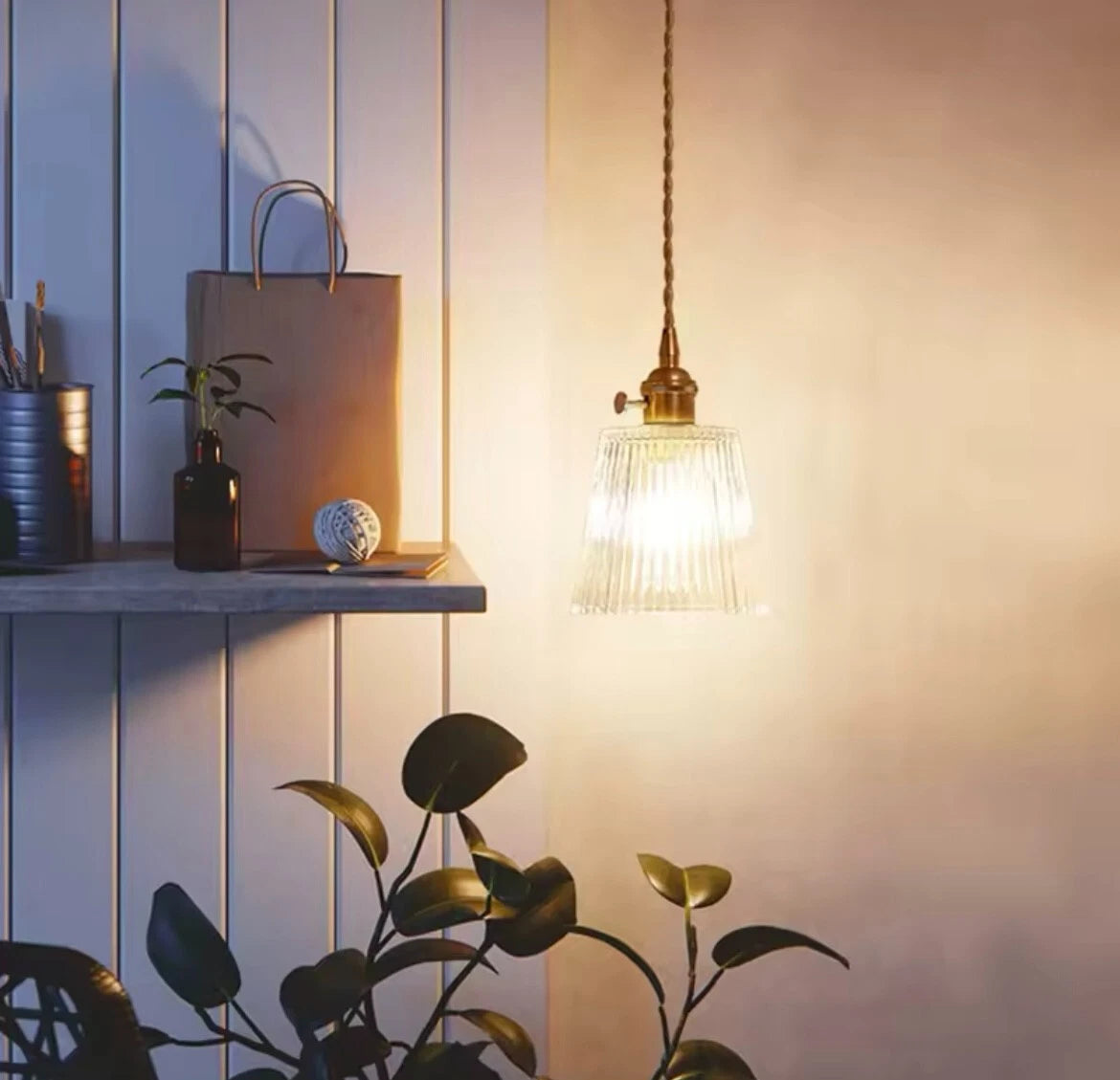 Nordic Hanging Gold Single Pendant Light With Retro Clear Ribbed Glass Shade