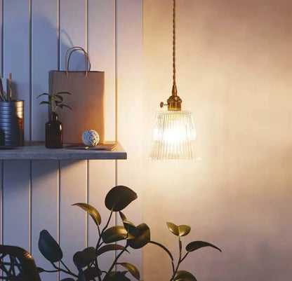 Nordic Hanging Gold Single Pendant Light With Retro Clear Ribbed Glass Shade