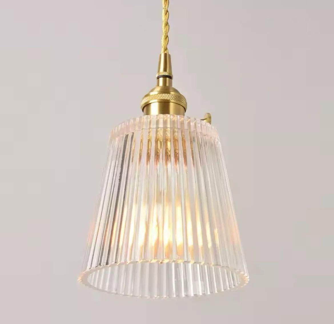 Nordic Hanging Gold Single Pendant Light With Retro Clear Ribbed Glass Shade