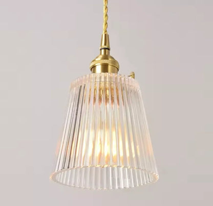 Nordic Hanging Gold Single Pendant Light With Retro Clear Ribbed Glass Shade