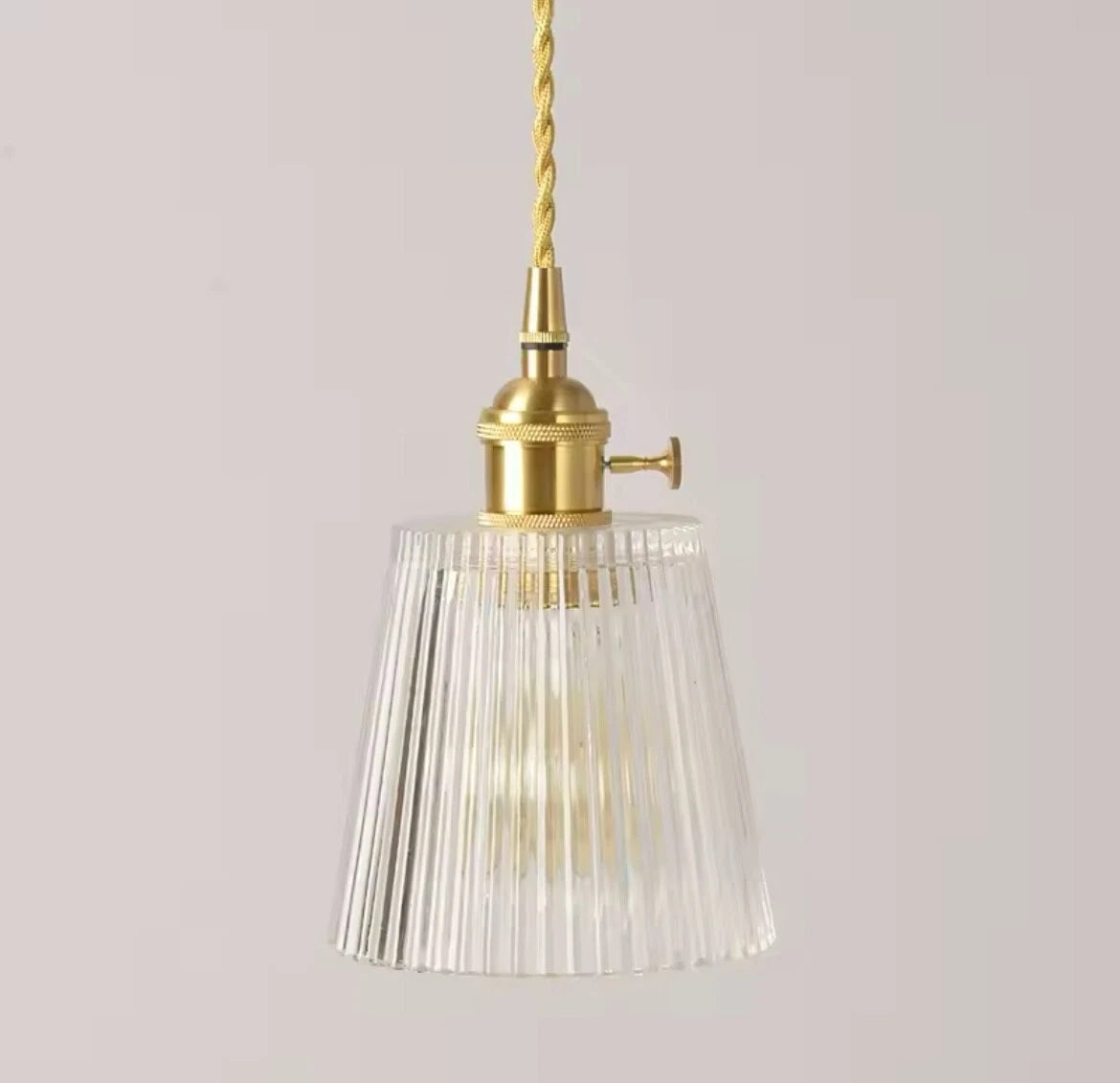 Nordic Hanging Gold Single Pendant Light With Retro Clear Ribbed Glass Shade