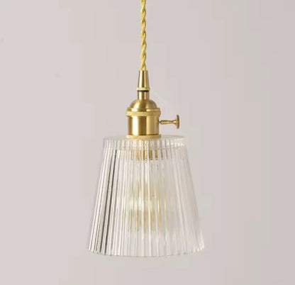 Nordic Hanging Gold Single Pendant Light With Retro Clear Ribbed Glass Shade
