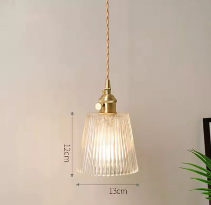Nordic Hanging Gold Single Pendant Light With Retro Clear Ribbed Glass Shade