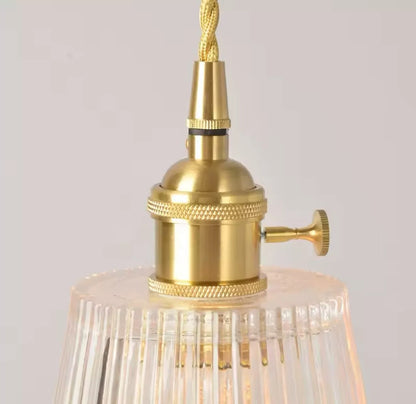 Nordic Hanging Gold Single Pendant Light With Retro Clear Ribbed Glass Shade